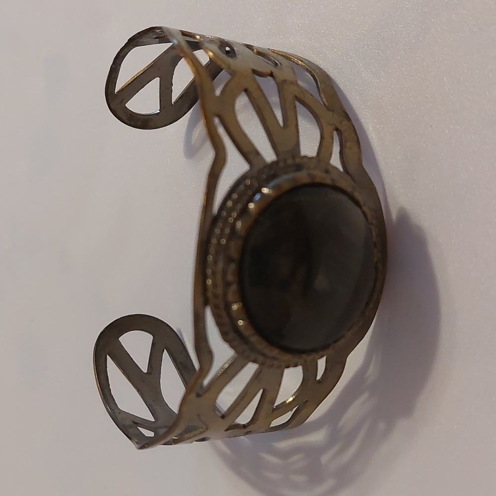 Goth Black Translucent Cabochon Cutout Design Wide Cuff Bracelet